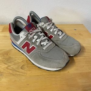New Balance 574 Classics Light Grey Red Blue Suede Mens Sz 6.5